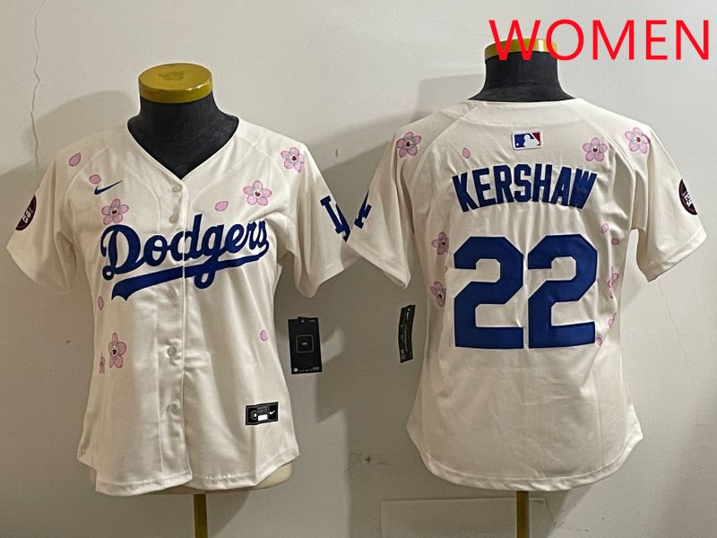 Women Los Angeles Dodgers #22 Kershaw Cream Sakura Edition 2025 Nike MLB Jersey style 1
